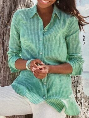 Talbots Green & White Striped Linen-blend Button-Down Shirt